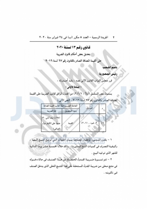 مصر.. قانون رقم 13 لسنة 2020 بتعديل بعض أحكام قانون الضريبة علي القيمة المضافة الصادر بالقانون رقم 67 لسنة 2016